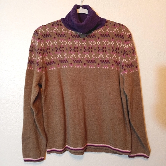 VTG Soft Lambswool Sweater Tan & Purple Turtleneck by Jillian Jones XL - Picture 1 of 7